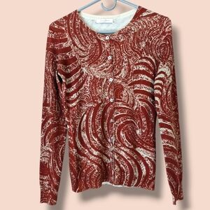 Josie Natori Red Printed Silk Knit Lightweight Crewneck Button-Up Cardigan Artsy